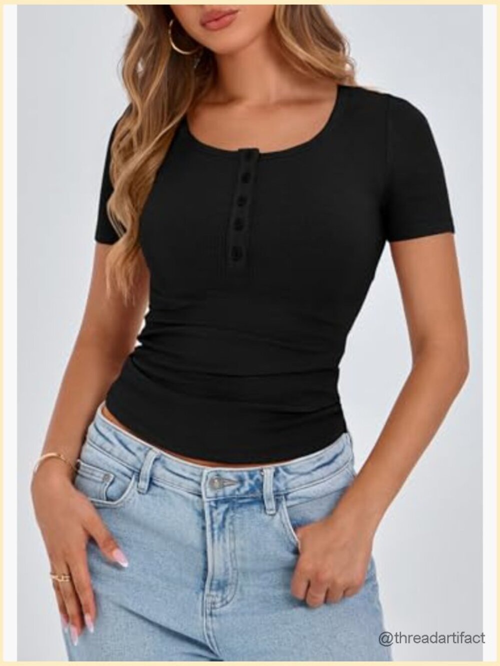 Women's Ribbed Henley T-Shirt - Short Sleeve Slim Fit Button Front Blouse - Picture 4 of 7